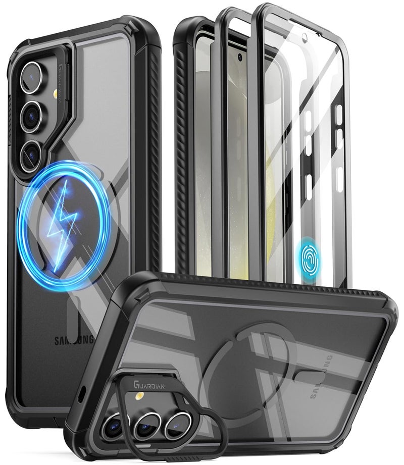 Poetic Guardian Case for Samsung Galaxy S24+ Plus 6.7", [Built-in Camera Stand] [Screen Protector Work with Fingerprint ID] Full Body Shockproof Protective Rugged Clear Cover, Black/Clear - Image 1