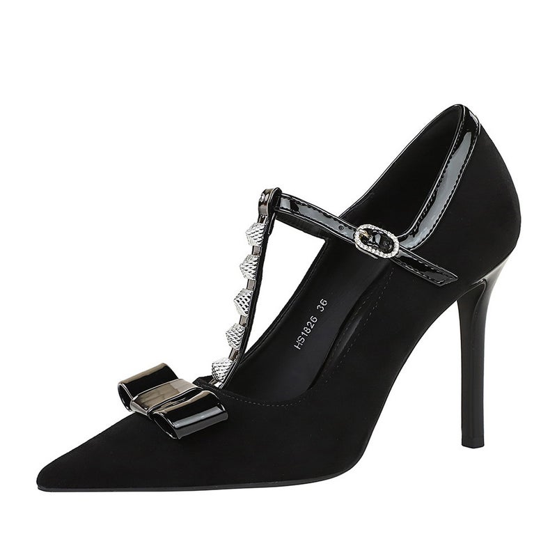 1826-H83 Style Banquet Bowknot Studded Pointed Toe High Heels Suede T-Buckle Women'S Shoes - Image 5