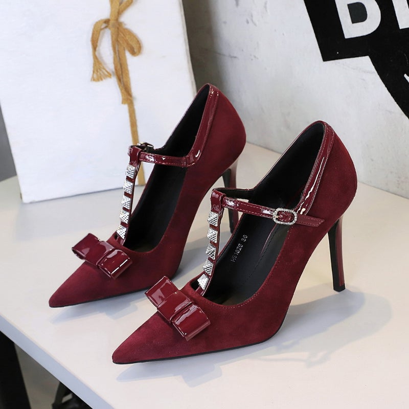 1826-H83 Style Banquet Bowknot Studded Pointed Toe High Heels Suede T-Buckle Women'S Shoes - Image 3