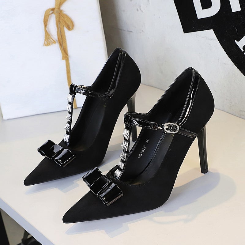 1826-H83 Style Banquet Bowknot Studded Pointed Toe High Heels Suede T-Buckle Women'S Shoes - Image 4