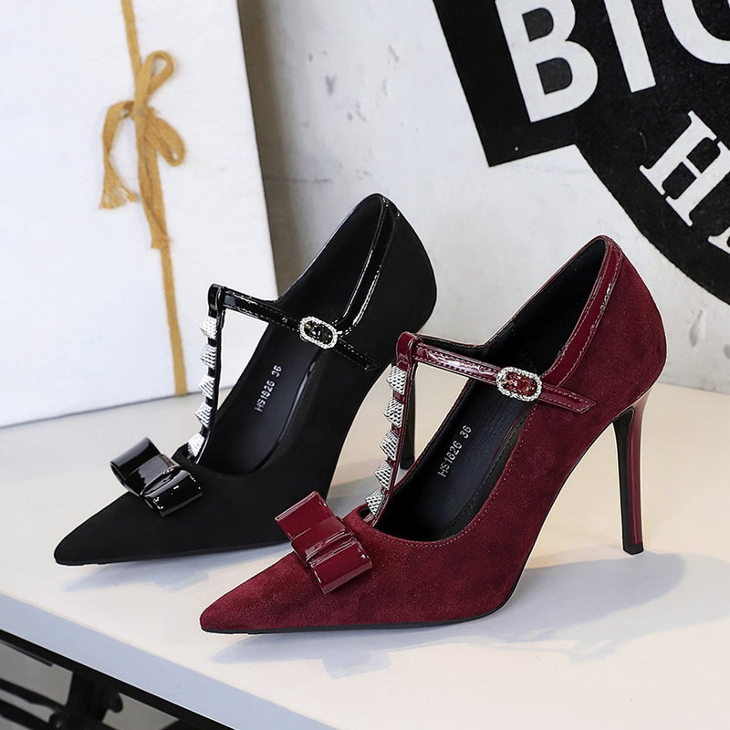 1826-H83 Style Banquet Bowknot Studded Pointed Toe High Heels Suede T-Buckle Women'S Shoes - Image 2