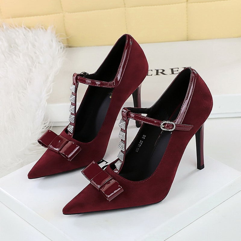 1826-H83 Style Banquet Bowknot Studded Pointed Toe High Heels Suede T-Buckle Women'S Shoes - Image 1