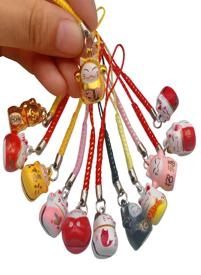 EatingBiting 12PCS Random Fortune Lucky Japanese Beckoning Cat Maneki Neko Keyring Keychain Key Rings, Fengshui Fortune Lucky Cat Kitty Key Chains Keyrings Keychain good health mascot Avoid evil - Image 2