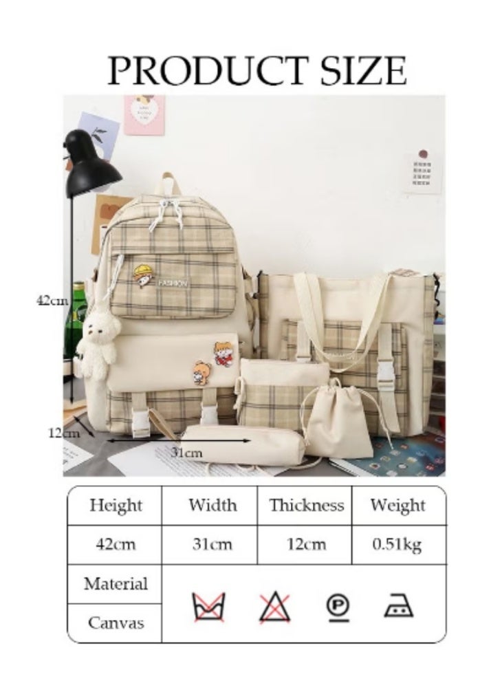 DUNISO Plaid Schoolbag 5 - Piece Set | Cute Charms, Practical & Heartwarming - Image 4