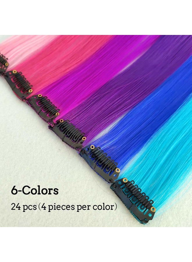 KGBFASS 24 Packs Colored Clip in Hair Extensions 20'' Colorful Straight Hair Extensions Clip in for Kids Multi-Colors Party Highlights Hairpieces(Pink,Purple,Blue) - Image 2