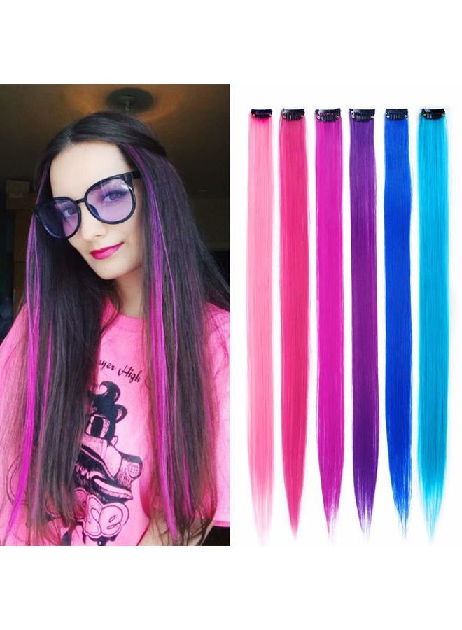 KGBFASS 24 Packs Colored Clip in Hair Extensions 20'' Colorful Straight Hair Extensions Clip in for Kids Multi-Colors Party Highlights Hairpieces(Pink,Purple,Blue) - Image 1