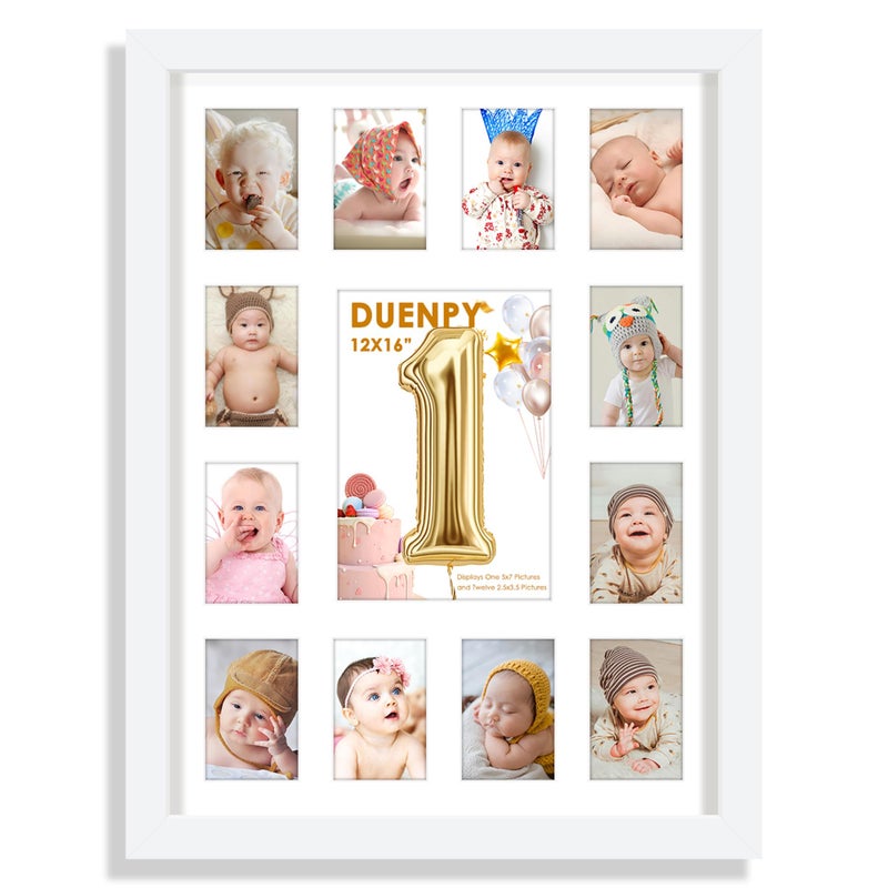 DUENPY 12x16 My First Year Picture Frame Displays One 5x7 inch and Twelve 2x3 inch Small Photo Collage Wall Hanging or Tabletop New Mom Gift and Baby Picture Frame White