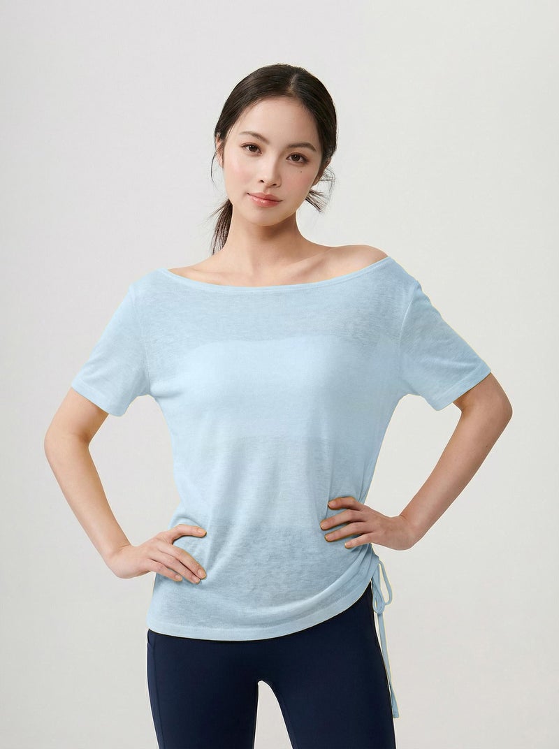 Lu Chuan Luchuan Boat Neck Off-Shoulder Loose Yoga Cover-Up Top Solid Color Summer Casual Athletic Tee for Women - Image 1