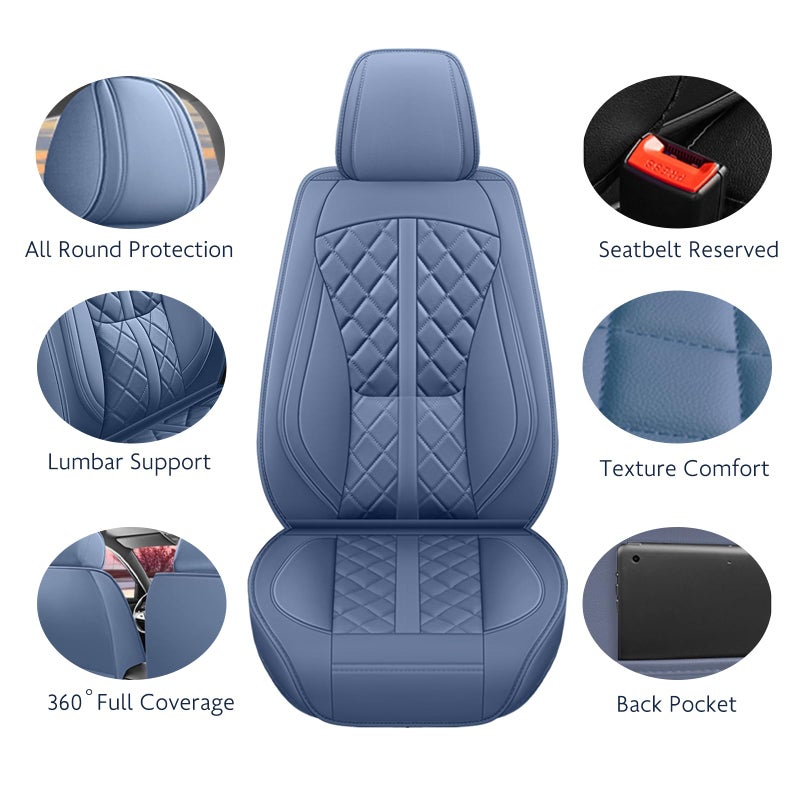 otoez Car Seat Covers Full Set, Blue Leather Seat Cover 5 Seat, Waterproof Automotive Front & Rear Seat Cushion Protector Full Coverage for Most Cars Sedens Trucks SUVs Vans (Blue) - Image 3