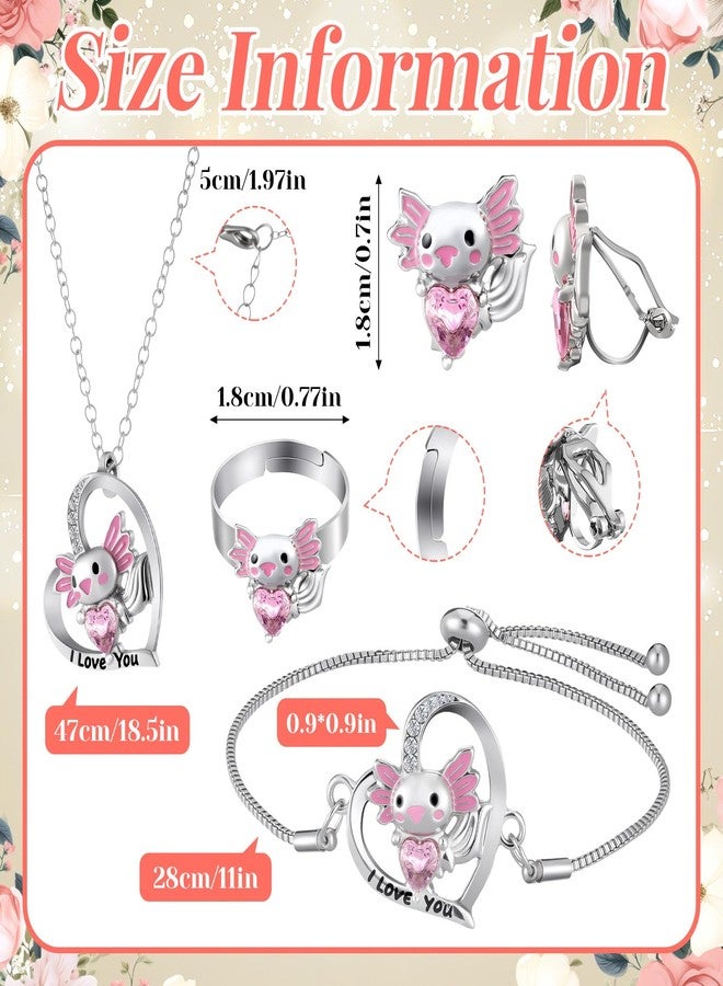 Herdear 4 Pcs Girl Unicorn Axolotl Jewelry Set Bracelet Ring Earring Crystal Heart Pendant Jewelry for Valentines Gifts Kids, one size, lloy, stainless steel, No Gemstone - Image 3