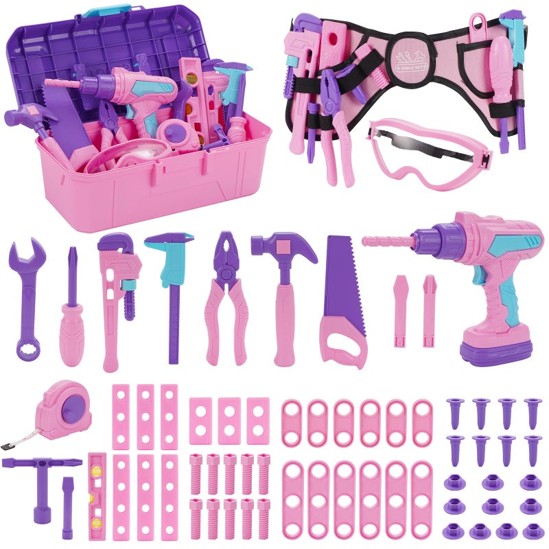 maysida Kids Tool Set 67 PCS Pink Kids Tool Box for Girls Electronic Toy DrillTape Measure Pretend Play Girls Toys Construction Tools Kit Belt Christmas Birthday Gift Ideas Toddler Tool Set Age 3 4 5 - Image 3