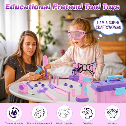 maysida Kids Tool Set 67 PCS Pink Kids Tool Box for Girls Electronic Toy DrillTape Measure Pretend Play Girls Toys Construction Tools Kit Belt Christmas Birthday Gift Ideas Toddler Tool Set Age 3 4 5 - Image 5