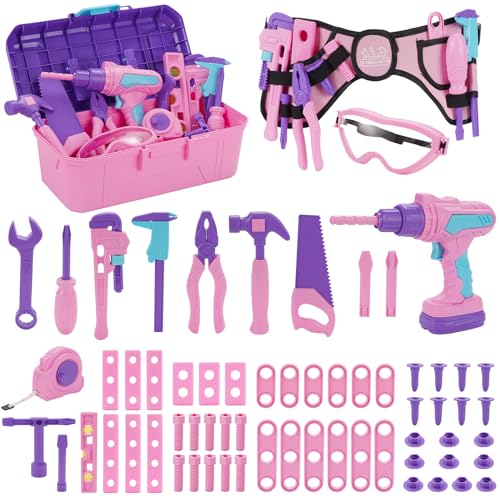 maysida Kids Tool Set 67 PCS Pink Kids Tool Box for Girls Electronic Toy DrillTape Measure Pretend Play Girls Toys Construction Tools Kit Belt Christmas Birthday Gift Ideas Toddler Tool Set Age 3 4 5 - Image 1
