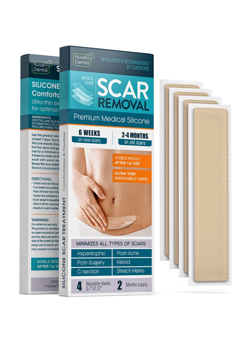 NUVADERMIS Silicone Scar Sheets - Dermatologically Tested in USA - As Surgical Cream, Gel, Tape, Strips, Patches - Keloid, C-Section, Tummy Tuck - Surgery Scars Removal Treatment - 4 Pack 5.7x1.57 - Image 1