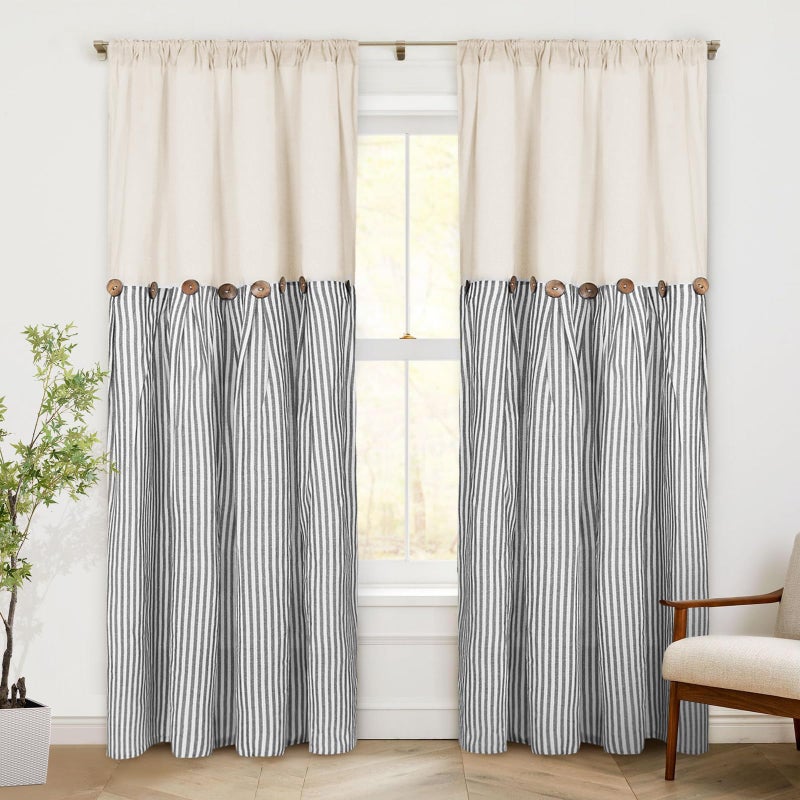 ASPMIZ Cotton Linen Farmhouse Curtains Boho Rustic Button Curtain, Linen Window Curtain Panels, Grey Stripe Country Curtains for Bedroom, Back Tab Modern Drapes for Windows 52 x 84 Inch, 2 Panels - Image 2