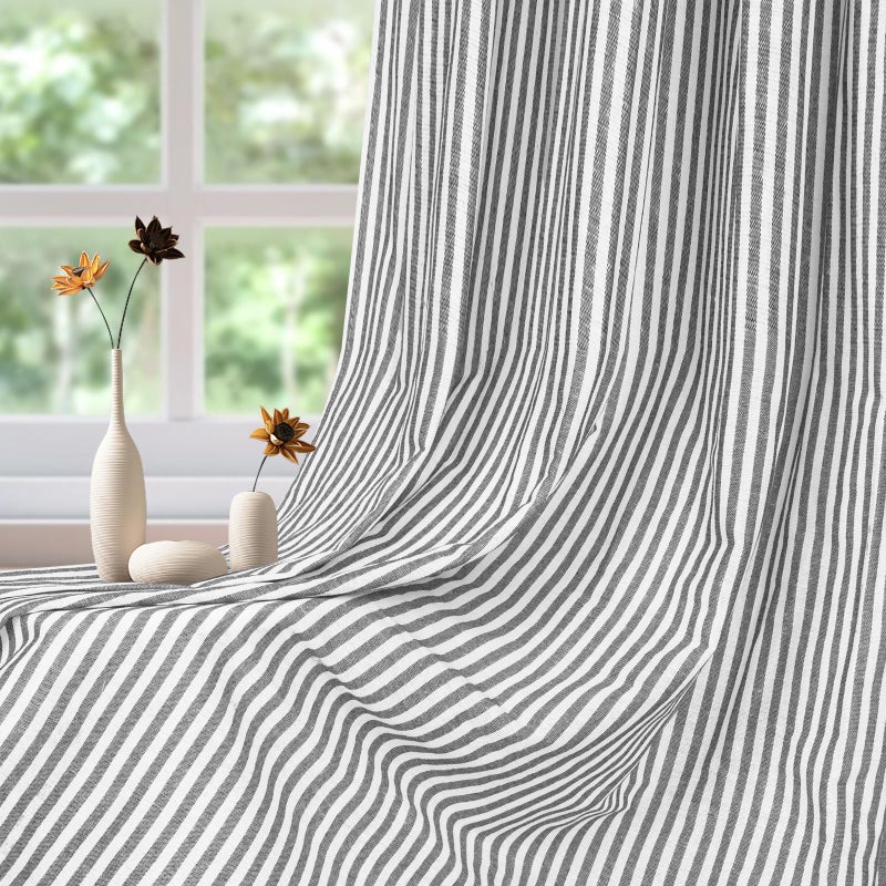 ASPMIZ Cotton Linen Farmhouse Curtains Boho Rustic Button Curtain, Linen Window Curtain Panels, Grey Stripe Country Curtains for Bedroom, Back Tab Modern Drapes for Windows 52 x 84 Inch, 2 Panels - Image 4