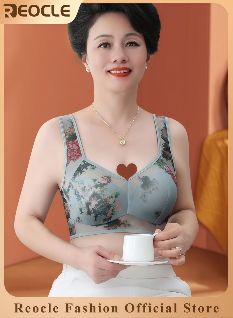 REOCLE Women's Seamless Bra without Steel Ring Flower Patterned Lingerie Vest Style Underwear Printed Underwear Big Chest Appears Small Breathable No Sensory Support Bra for Mather - Image 1