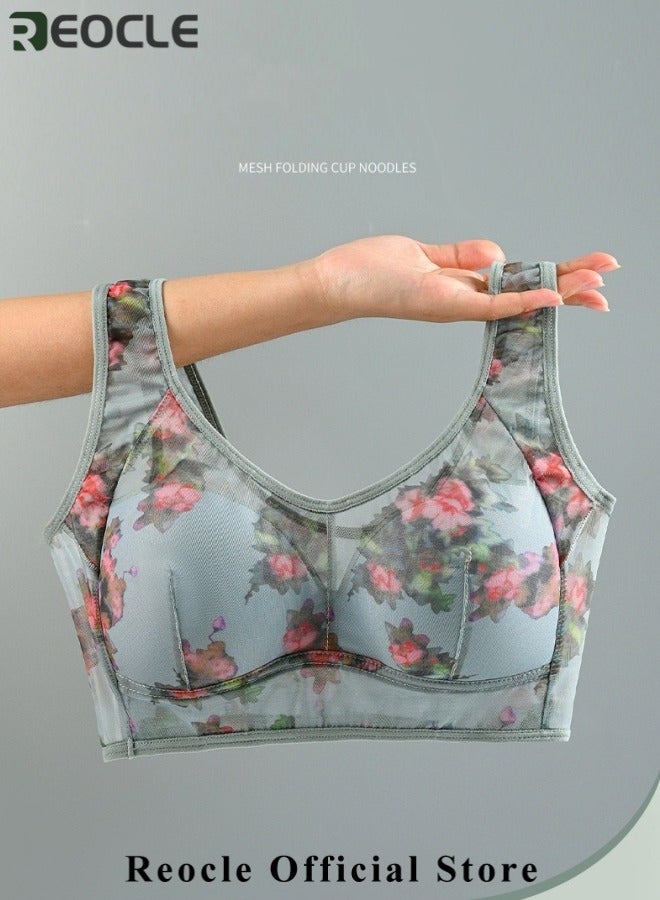 REOCLE Women's Seamless Bra without Steel Ring Flower Patterned Lingerie Vest Style Underwear Printed Underwear Big Chest Appears Small Breathable No Sensory Support Bra for Mather - Image 2