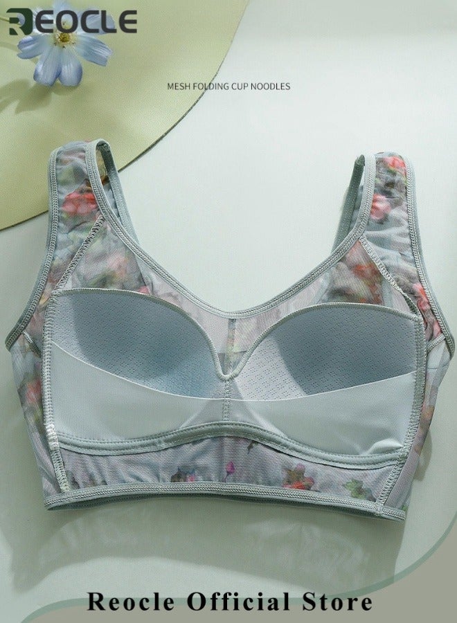 REOCLE Women's Seamless Bra without Steel Ring Flower Patterned Lingerie Vest Style Underwear Printed Underwear Big Chest Appears Small Breathable No Sensory Support Bra for Mather - Image 3