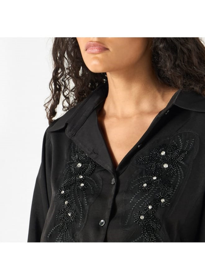 2Xtremz 2Xtremz Bead Embellished Shirt with Bishop Sleeves and Button Placket  - Image 4