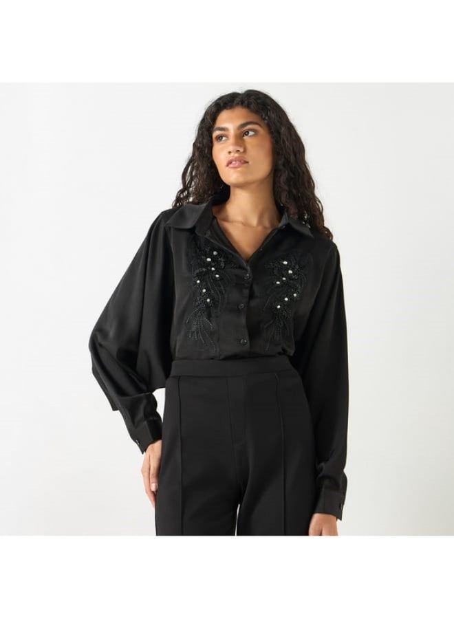 2Xtremz 2Xtremz Bead Embellished Shirt with Bishop Sleeves and Button Placket  - Image 1