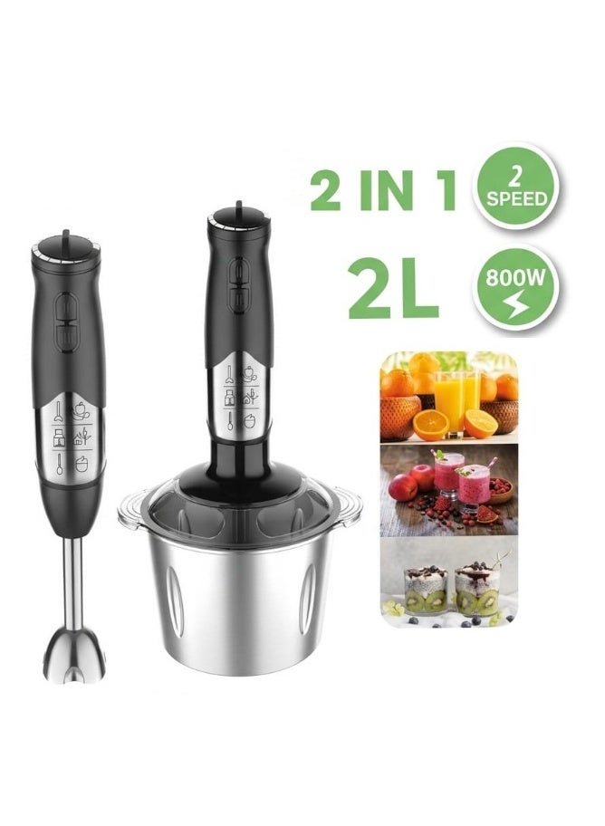 800W 2-in-1 Hand Blender - 2L Stainless Steel Chopper - Hand Blender for Kitchen with Whisk - Two Speeds for Chopping and Grinding - Image 1