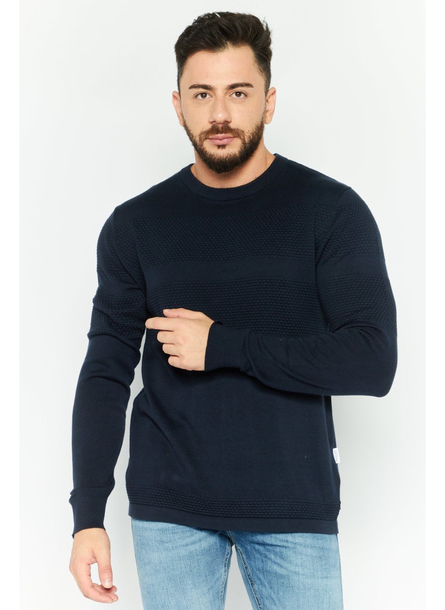 Selected Homme Men Crew Neck Textured Long Sleeves Sweater, Navy Blue  - Image 1