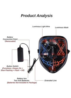AUTOYSUR قناع LED، قناع LED مضيء، قناع مخيف لحفلات المهرجانات، قناع بلونين مع 3 أوضاع إضاءة  - Image 3