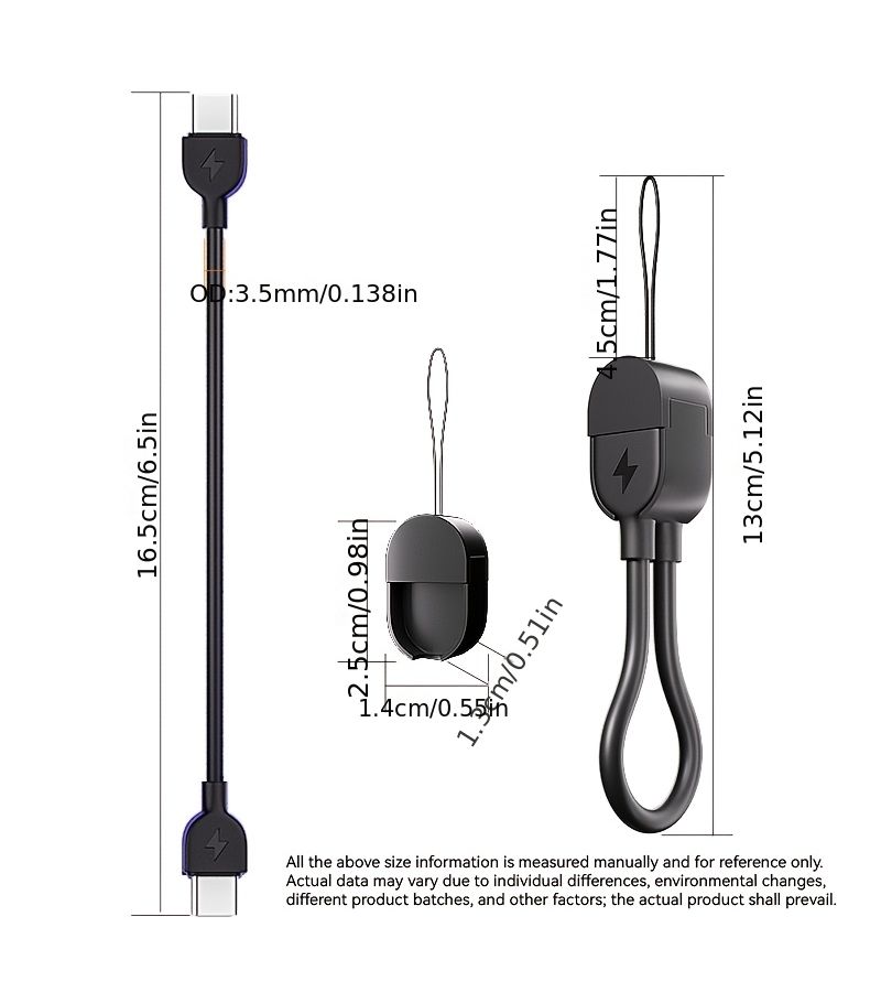 6 6.5 بوصة PD 60 واط شحن سريع كابل USB C إلى USB C أسود كابل نقل البيانات والشحن سلك تعليق محمول كابل شحن - Image 2