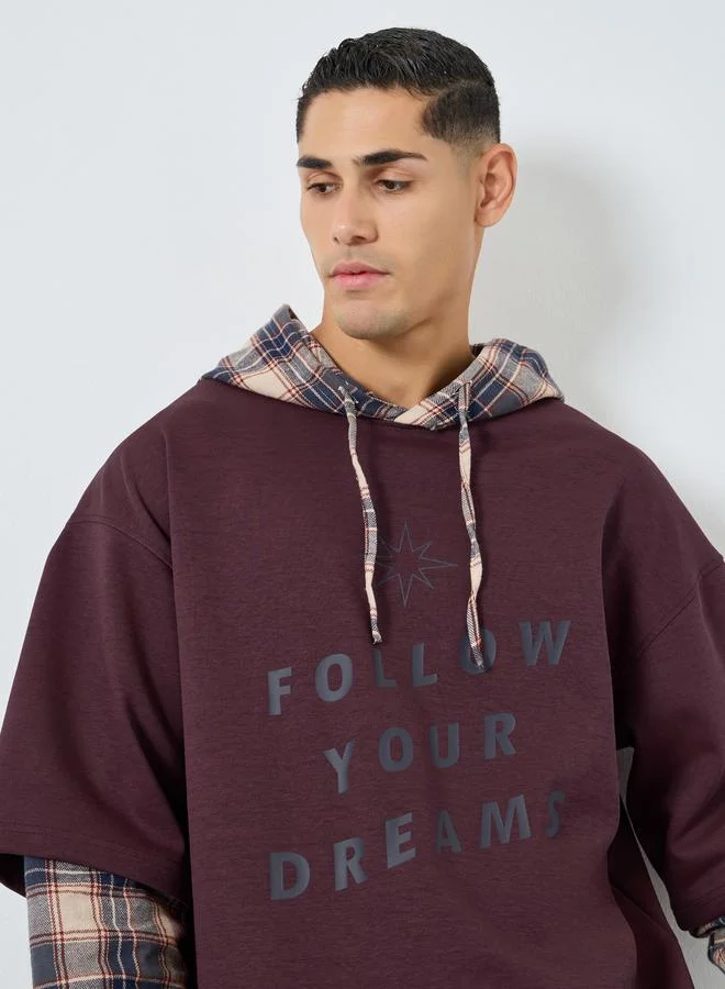 Take Two Maroon Men Maroon Checked Panel Slogan Hoodie for Men | Best Price UAE