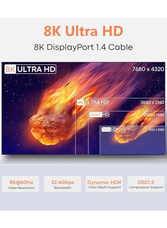 8K USB-C to DisplayPort 1.4 Cable – Type-C to DP Cord (8K@60Hz, 4K@144Hz, 5K@60Hz, 2K@240Hz), Thunderbolt 4/3 Compatible for MacBook Pro, iPad, iMac, XPS, Mac Mini – 10Ft - Image 2