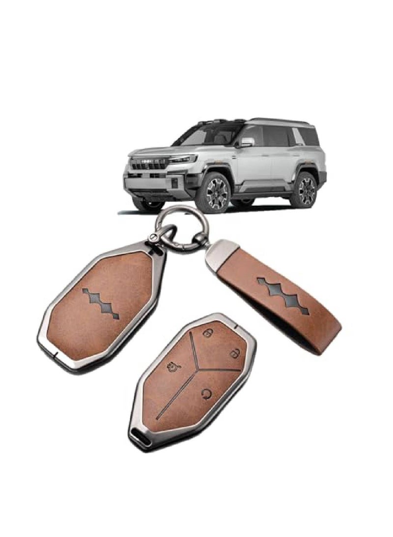 Adando Car Key Fob Cover with Leather Keychain for BYD Fang Cheng Bao Leopard 5/8, Tai 3/Tai, Premium Metallic Alloy Key Case Protector Automotive Accessories（Brown） - Image 1