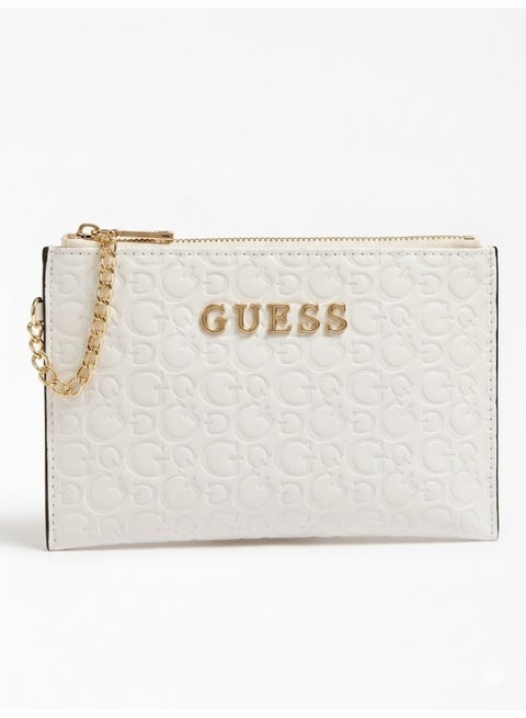 GUESS Women’s White Embossed Logo Zip Pouch Wallet – Elegant Wristlet Clutch with Gold Chain