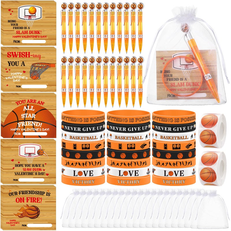 Chivertion 24 Set Basketball Valentines Gifts Include Basketball Valentines Cards Pens Sports Silicone Bracelet Stickers Exchange Gift Bulk Basketballs Party Favors for Valentine Goodie Bags Stuffers - Image 1