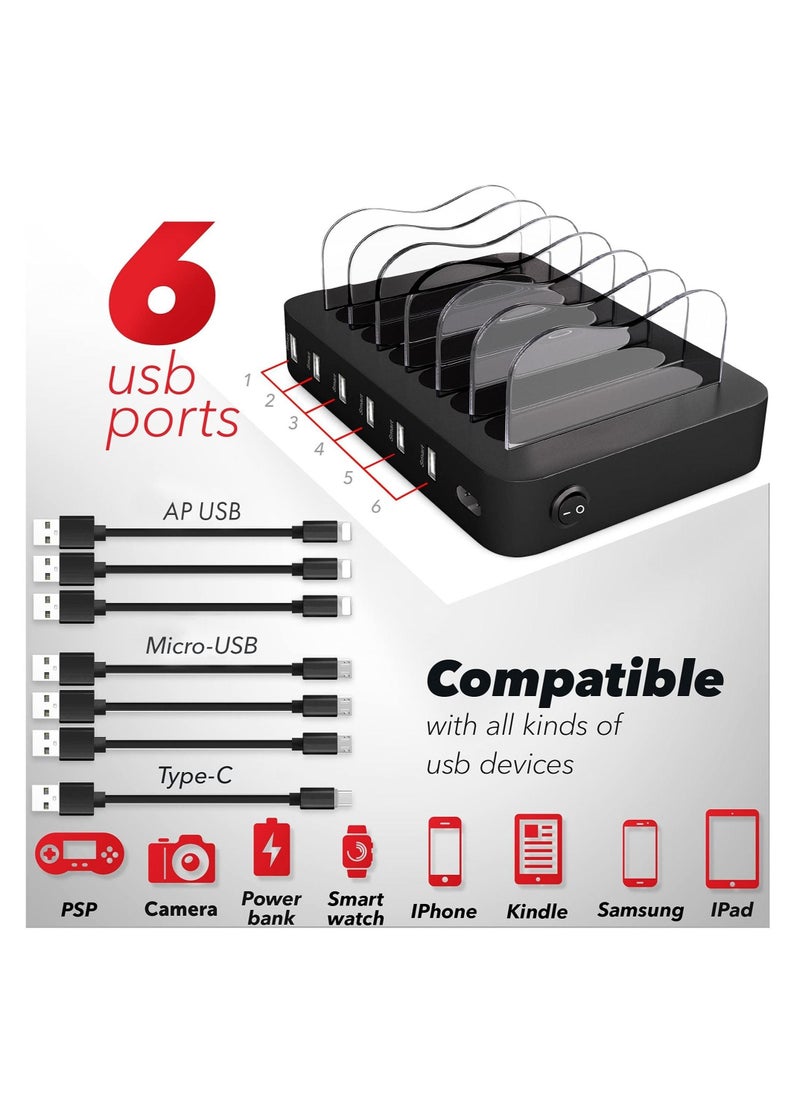 USB charging stand - 6 Port - fast charging station for multiple devices apple - Multi device charger Station - compatible with Apple iPad, iPhone and Android phones and tablets