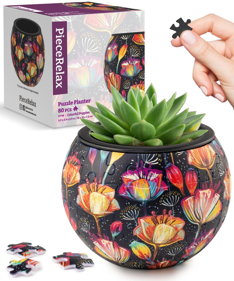 PieceRelax 3D Puzzle Planter 80 Pieces - Flower Pot - Colorful Poppies, Home Decor Flower Pots for Indoor Cactus, Succulents Pots [K1118] - Image 1