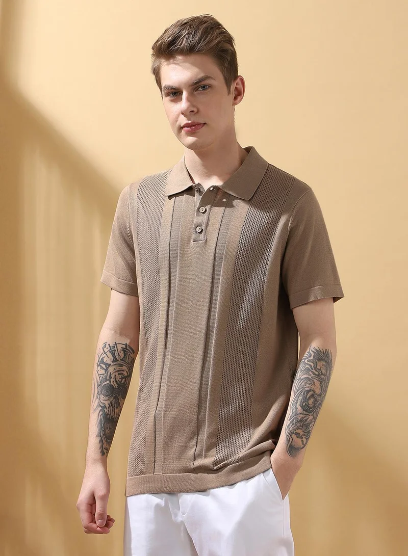 Men's Beige 100% Cotton Textured Regular Fit T-Shirt