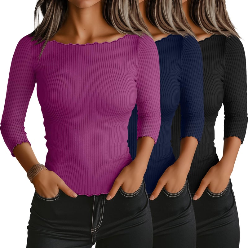 Riyiper 3 Pack Womens 34 Length Sleeve Tops Lettuce Trim Ribbed Boat Neck Shirts Half Slim Casual Basic Fitted TeesBlack Navy Blue FuchsiaMedium