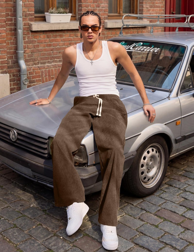 JMIERR Mens Corduroy Pants Baggy Straight Wide Leg Loose Fit Joggers Drawstring Elastic Waist Cargo Sweatpants Dress Pants Chocolate Brown Casual Pants, XL - Image 5