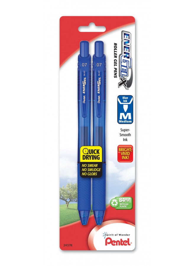 Pentel EnerGel-X Retractable Liquid Gel Pen 0.7mm, Metal Tip, Medium, Blue Ink (2 Pack) (BL107BP2C)