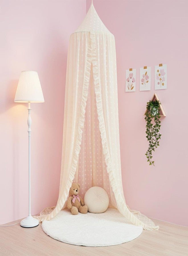 Mengersi Mengesi Bed Canopy with Pom Pom- Lace Chiffon Canopy Bed Curtains, Ruffles Princess Reading Nook Play Tent for Girls Room (Ivory) - Image 2