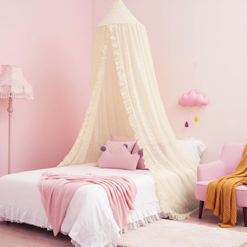 Mengersi Mengesi Bed Canopy with Pom Pom- Lace Chiffon Canopy Bed Curtains, Ruffles Princess Reading Nook Play Tent for Girls Room (Ivory) - Image 1