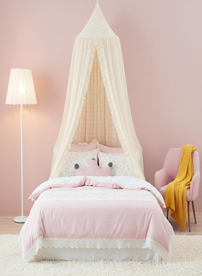Mengersi Mengesi Bed Canopy with Pom Pom- Lace Chiffon Canopy Bed Curtains, Ruffles Princess Reading Nook Play Tent for Girls Room (Ivory) - Image 3