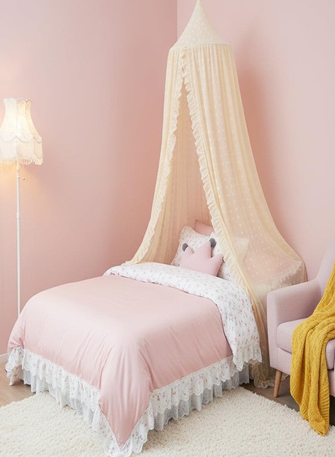 Mengersi Mengesi Bed Canopy with Pom Pom- Lace Chiffon Canopy Bed Curtains, Ruffles Princess Reading Nook Play Tent for Girls Room (Ivory) - Image 4