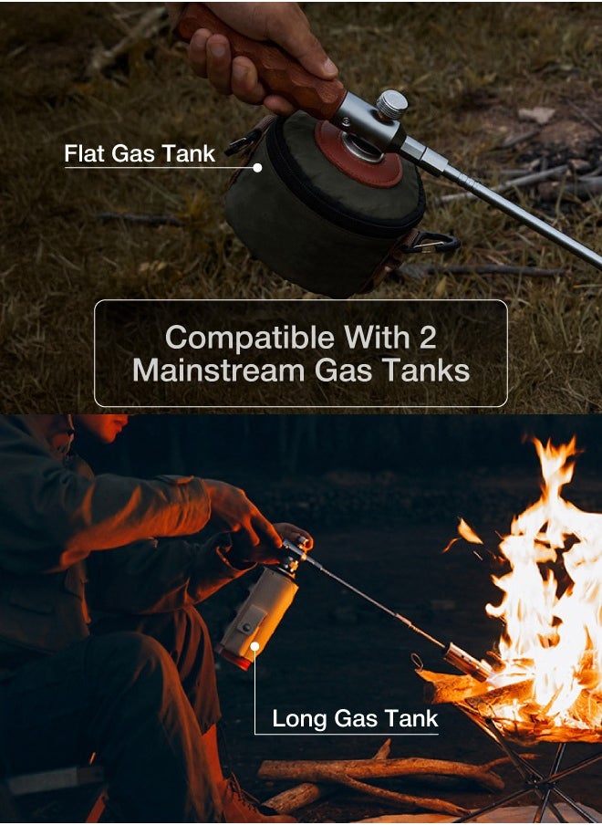 Torch Camping Gas Lighter with Wooden Handle and Extendable Bar / Piezo Ignition /  Vented Nozzle / Gas Adapter/ Easy to Disassemble Camping Lighter - Silver