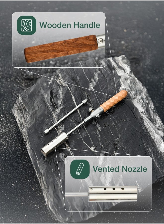 Torch Camping Gas Lighter with Wooden Handle and Extendable Bar / Piezo Ignition /  Vented Nozzle / Gas Adapter/ Easy to Disassemble Camping Lighter - Silver