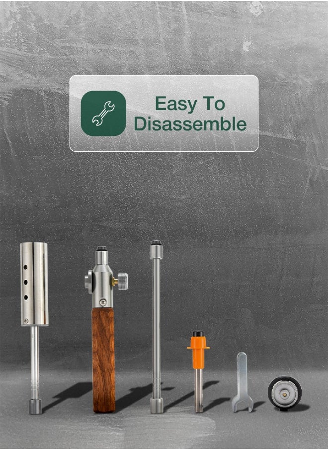 Torch Camping Gas Lighter with Wooden Handle and Extendable Bar / Piezo Ignition /  Vented Nozzle / Gas Adapter/ Easy to Disassemble Camping Lighter - Silver
