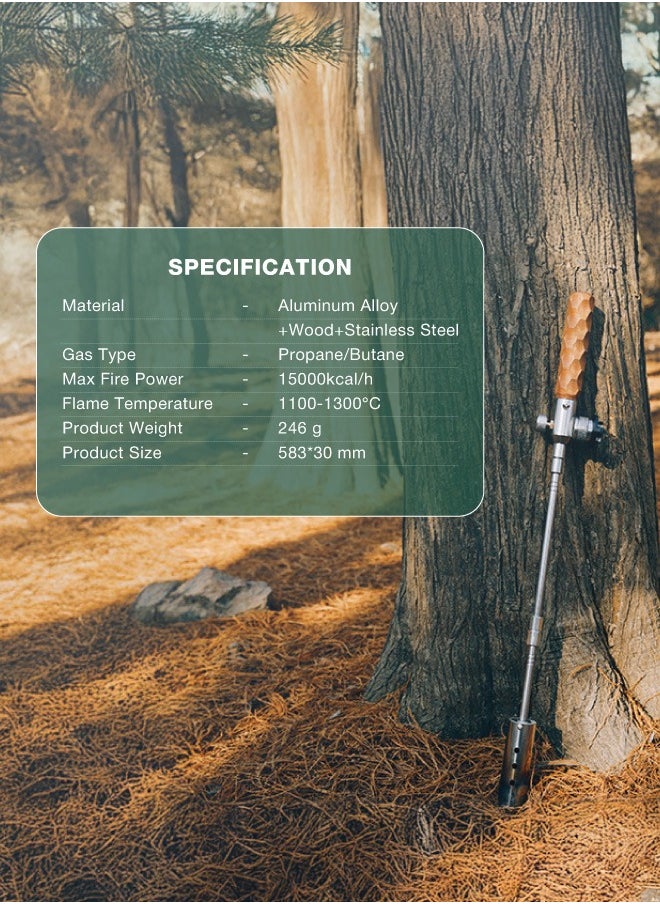 Torch Camping Gas Lighter with Wooden Handle and Extendable Bar / Piezo Ignition /  Vented Nozzle / Gas Adapter/ Easy to Disassemble Camping Lighter - Silver