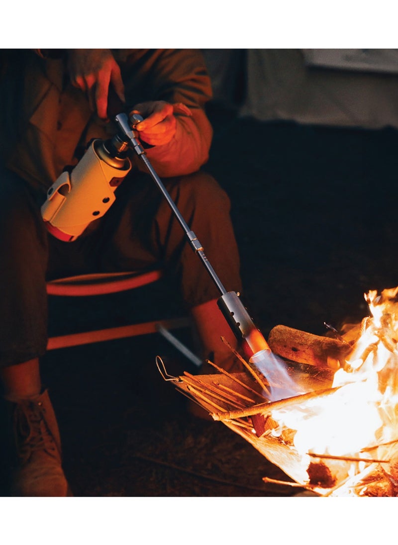 Torch Camping Gas Lighter with Wooden Handle and Extendable Bar / Piezo Ignition /  Vented Nozzle / Gas Adapter/ Easy to Disassemble Camping Lighter - Silver