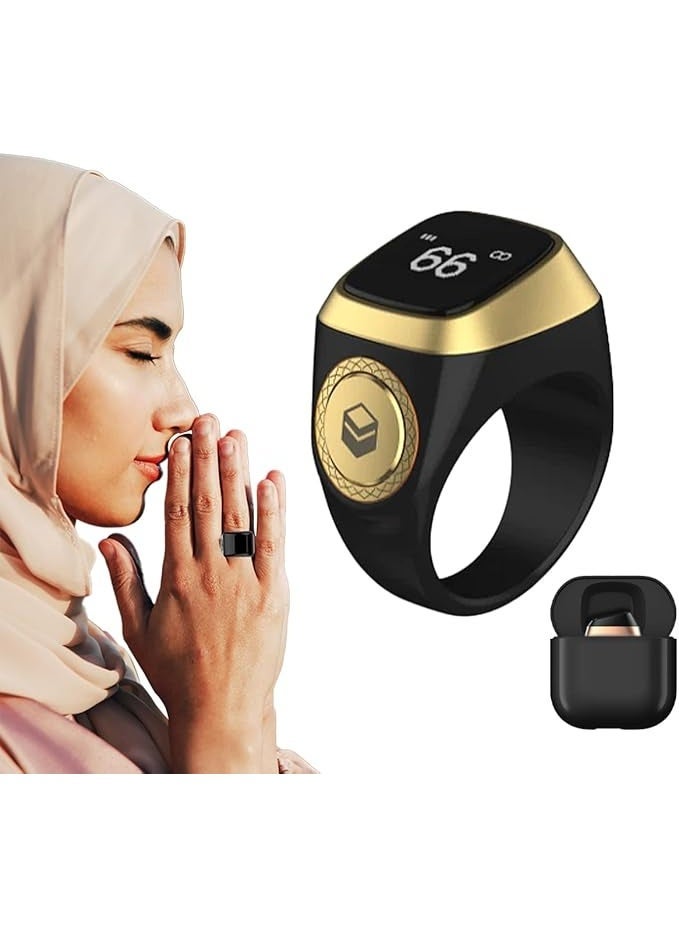 خاتم ذكي عداد للرجال، عداد التسبيح الرقمي، عداد الأصابع، خواتم ذكية للصلاة الإسلامية للجنسين، ساعة منبهة للأذان، عداد الأصابع، هدايا، 5 تذكيرات بأوقات الصلاة، أجهزة تتبع الصلاة (أسود، 20 ملم) - Image 1